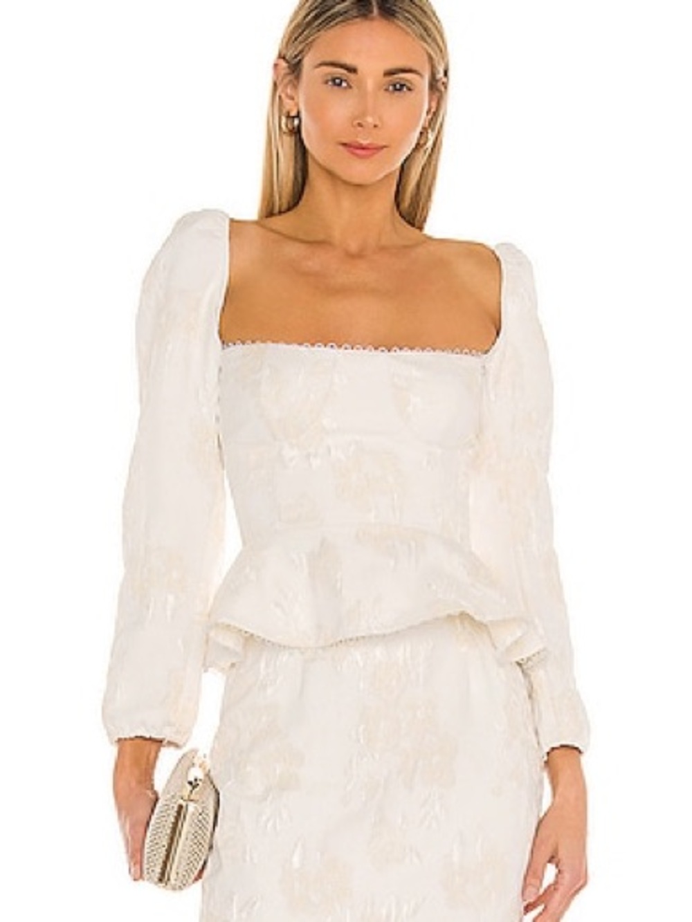 V. Chapman Ivory Square-Neck Peplum Long-Sleeve Top